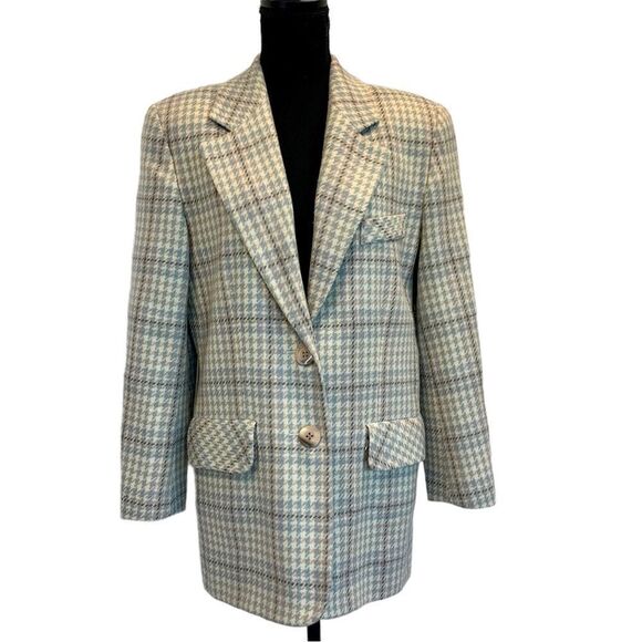 Town & Country plaid check wool blazer Sz 8 cream tan brown blue - Picture 14 of 15